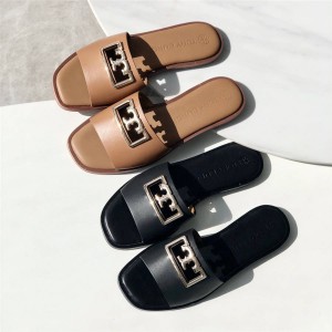 tory burch/托里伯奇美国官网代购TB鞋子新款真皮LOGO方扣真皮拖鞋